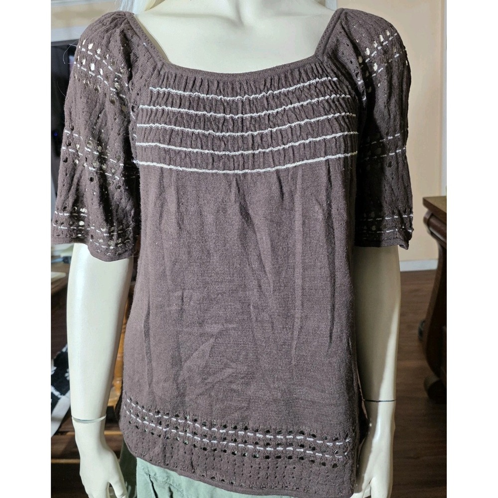 Xhilaration Womens M Brown Peasant Top Short Sleeve Crochet Trim Y2K 2000's